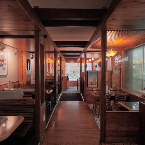 Restaurant interior seating and soda machine